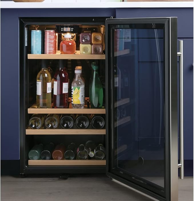 GE Wine Cooler & Beverage Refrigerator | Mini Fridge With Lock & Key Included | Complete With Oak Shelving, Glass Exterior & Warm Interior Lighting | Fits 109 Cans Or 31 Wine Bottles | Stainless Steel - View 6 | Fridge.com