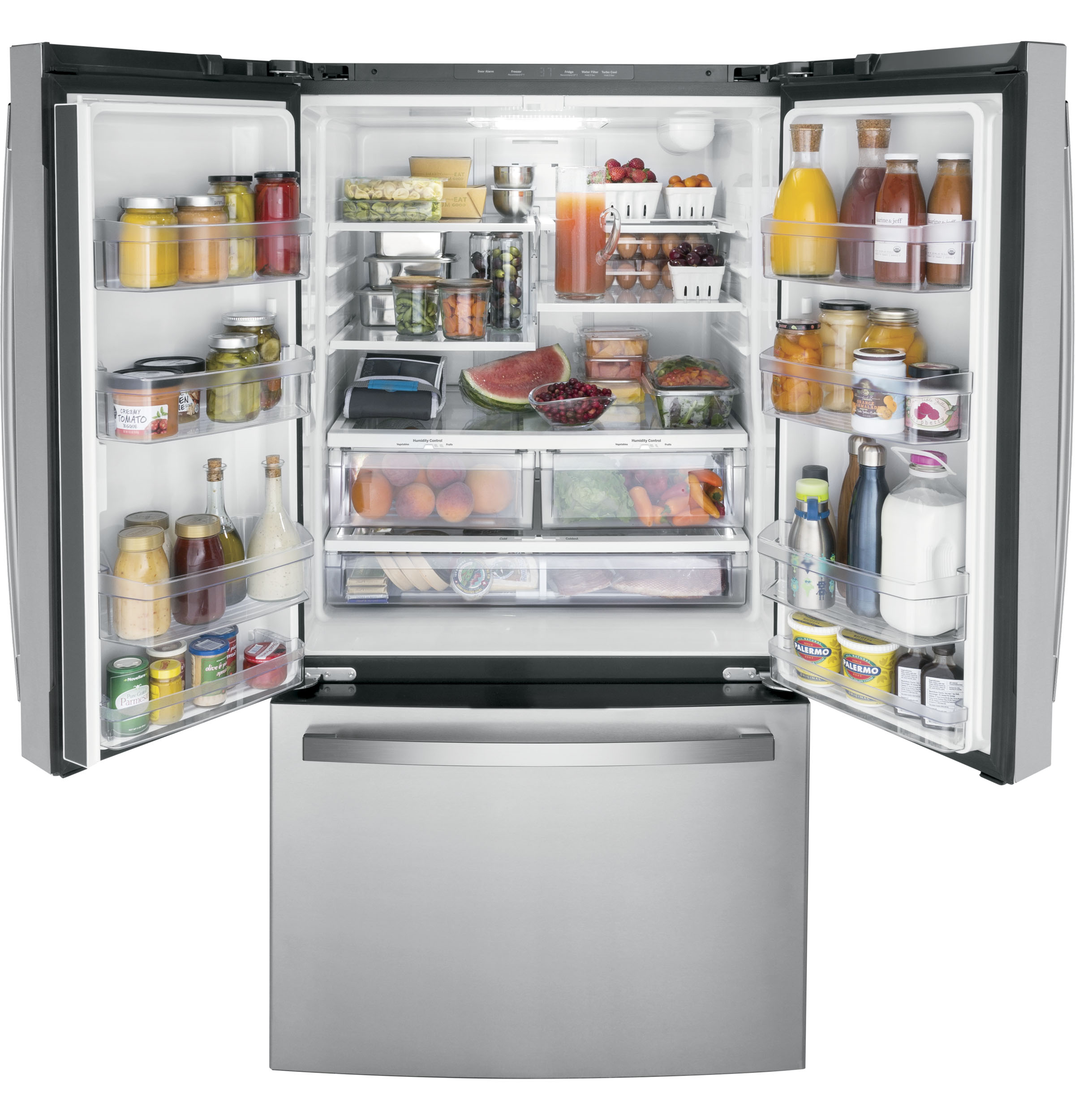 GE - 36 in. Wide 21.9 cu. ft. French Door Counter Depth Refrigerator With Internal Water Dispenser - Stainless Steel - View 4 | Fridge.com