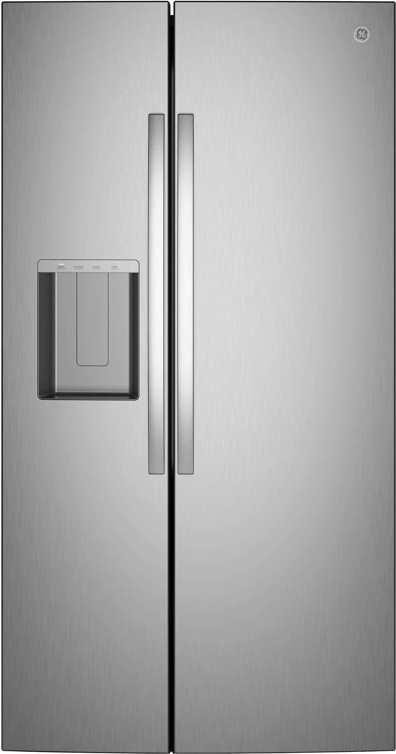 GE® ENERGY STAR® 23.6 Cu. Ft. Counter-Depth Side-By-Side Refrigerator with Extra Tall Dispenser and In-Door Icemaker in Stainless | GZE24NYYFS | Fridge.com