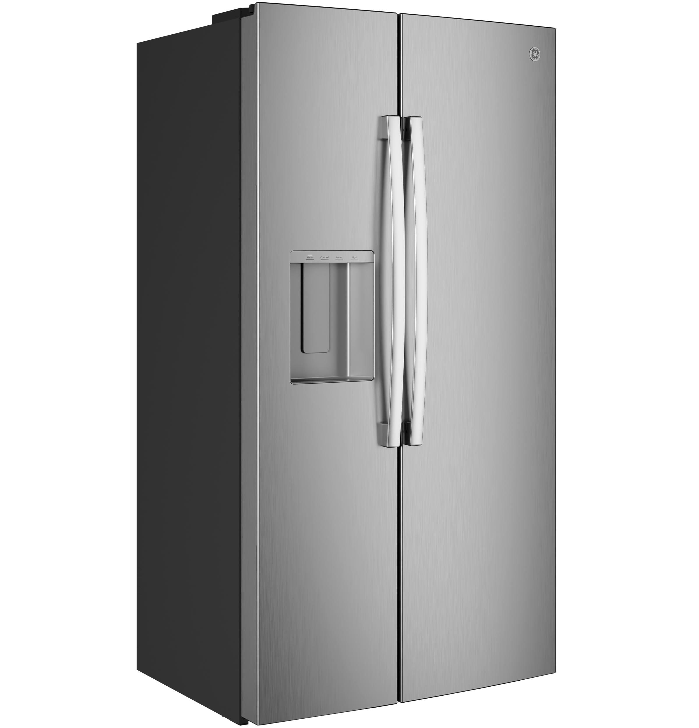 GE® ENERGY STAR® 23.6 Cu. Ft. Counter-Depth Side-By-Side Refrigerator with Extra Tall Dispenser and In-Door Icemaker in Stainless | GZE24NYYFS | Fridge.com