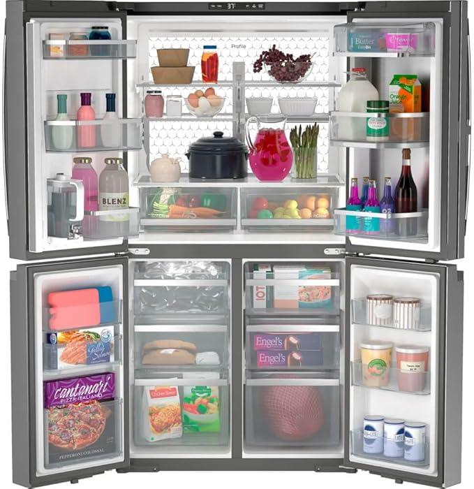 GE PAD28BYTFS 36 Inch Freestanding 4-Door French Door Smart Refrigerator With 28 cu. ft. - View 4 | Fridge.com