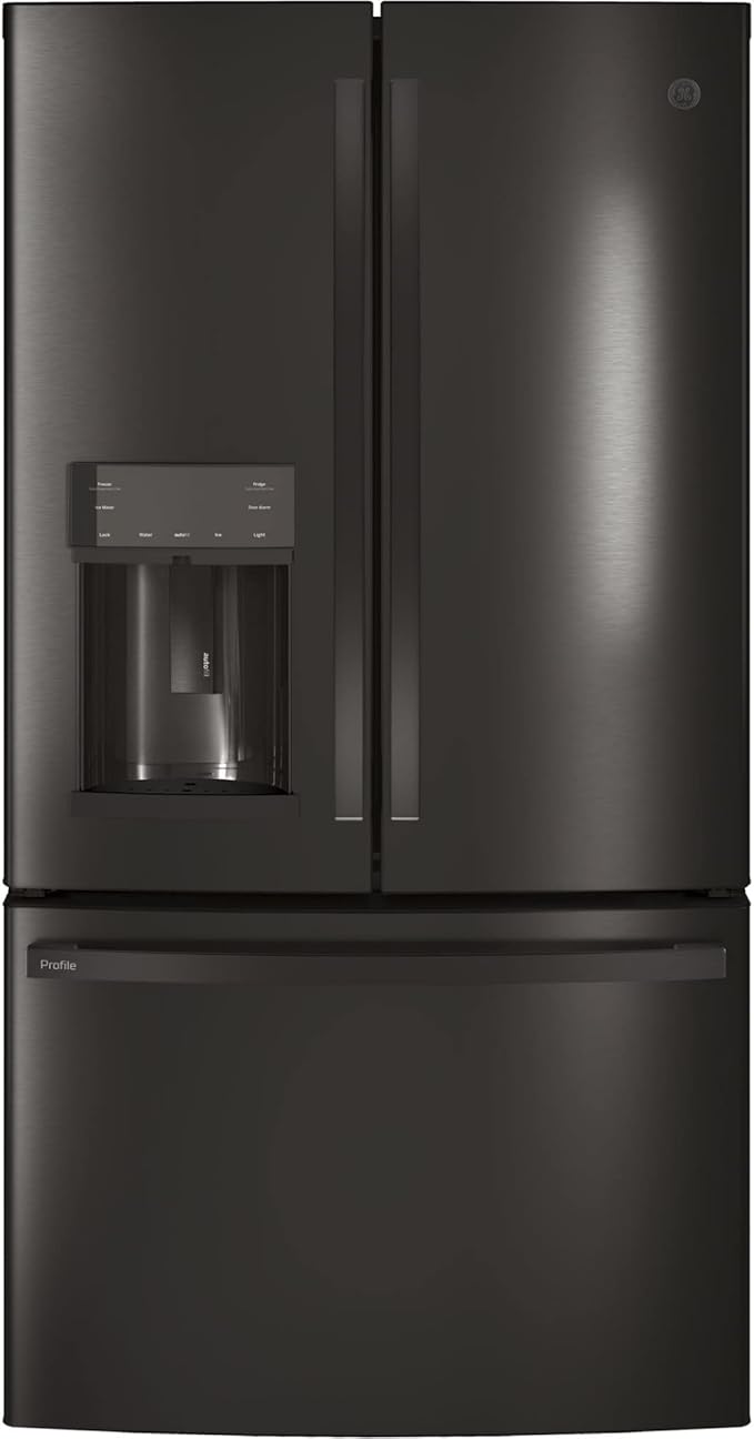 GE Profile PFE28KBLTS 36" Bottom Freezer with French Door Exterior Ice and Water 27.77 cu. ft. Capacity and Autofill in Black Stainless Steel | Fridge.com