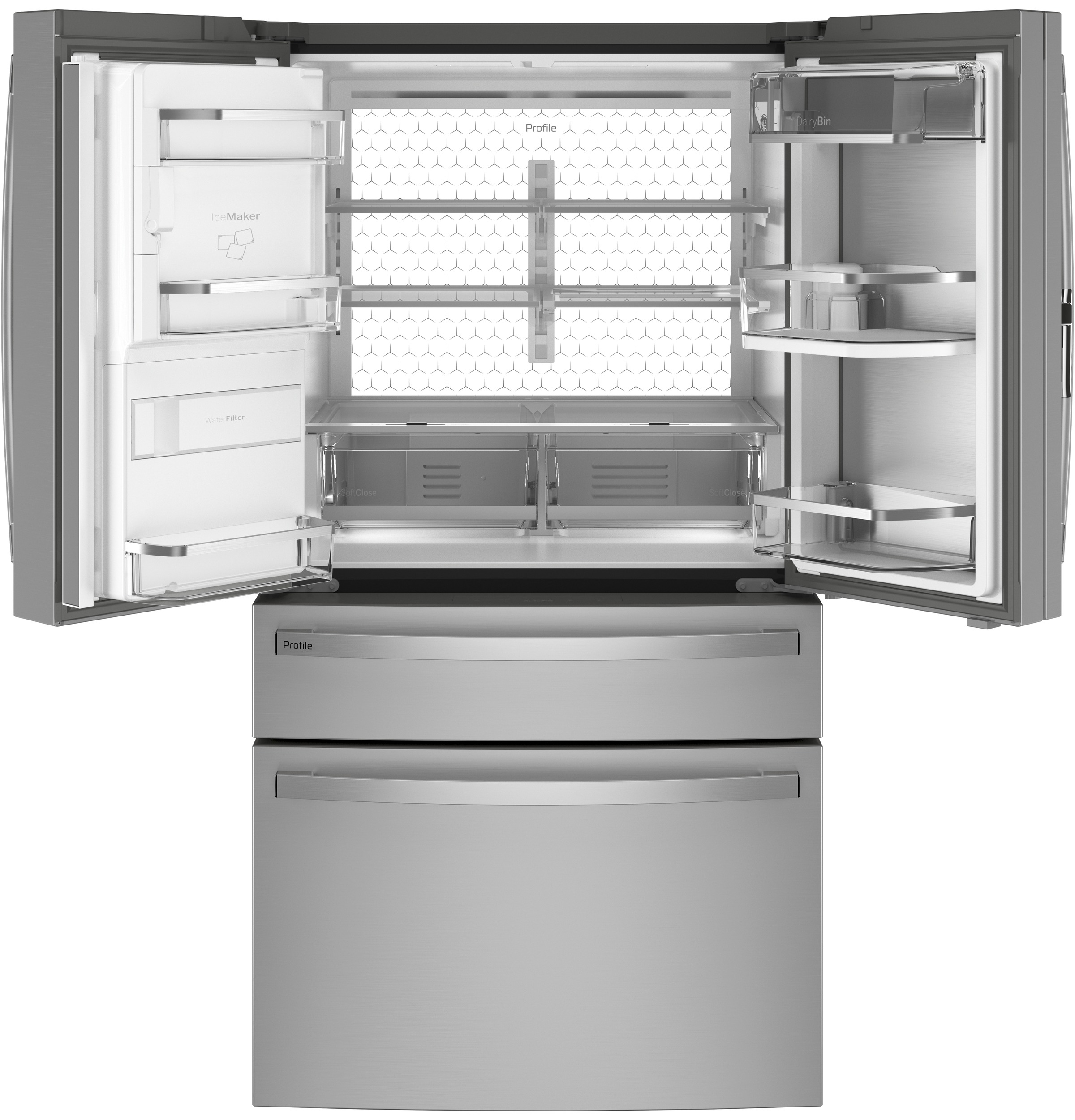 GE Profile™ Energy Star® 27.9 cu. ft. Smart Fingerprint Resistant 4-Door Refrigerator With Door In Door In Stainless | PVD28BYNFS | Stainless Steel - View 4 | Fridge.com