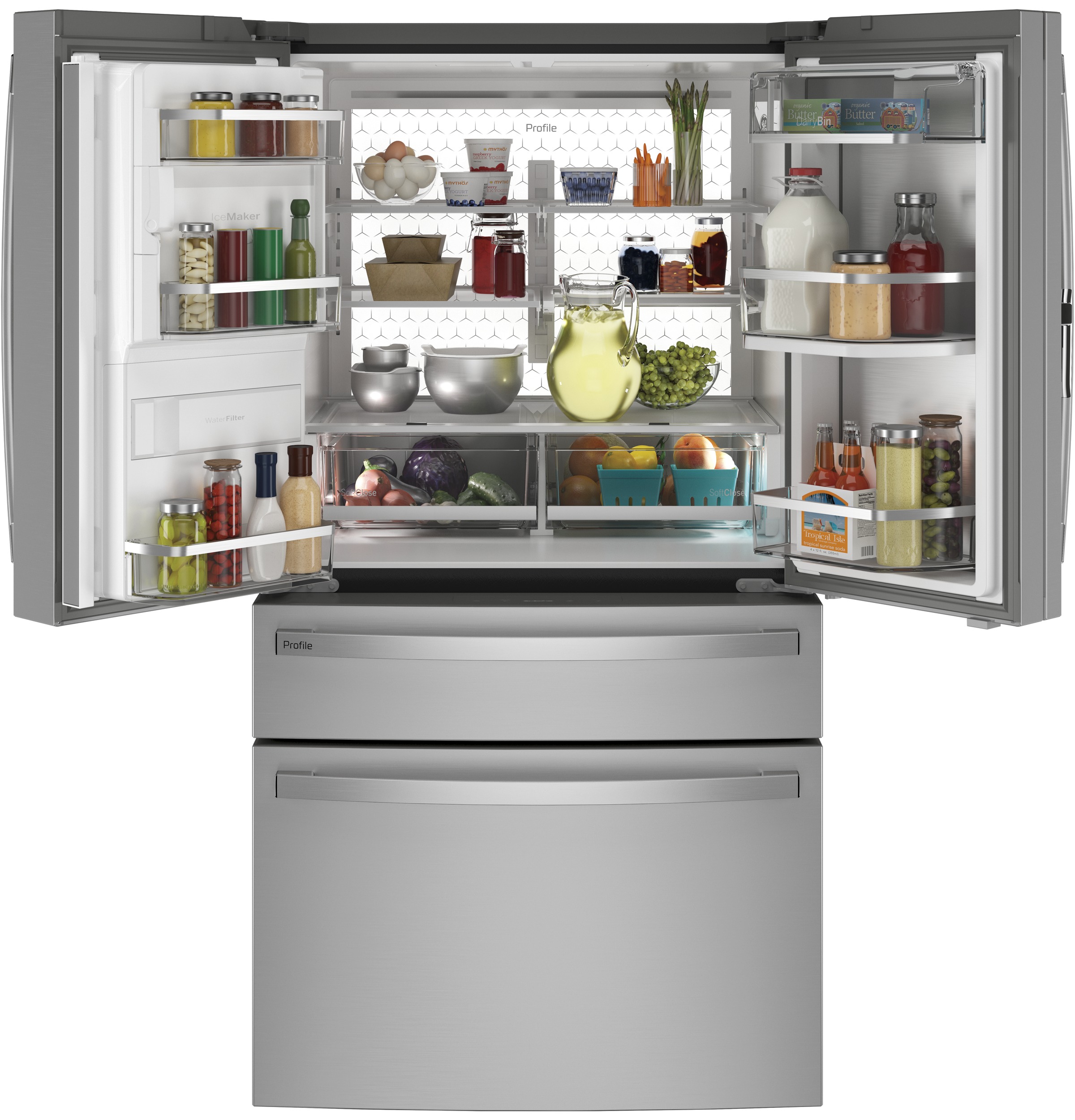 GE Profile™ Energy Star® 27.9 cu. ft. Smart Fingerprint Resistant 4-Door Refrigerator With Door In Door In Stainless | PVD28BYNFS | Stainless Steel - View 5 | Fridge.com