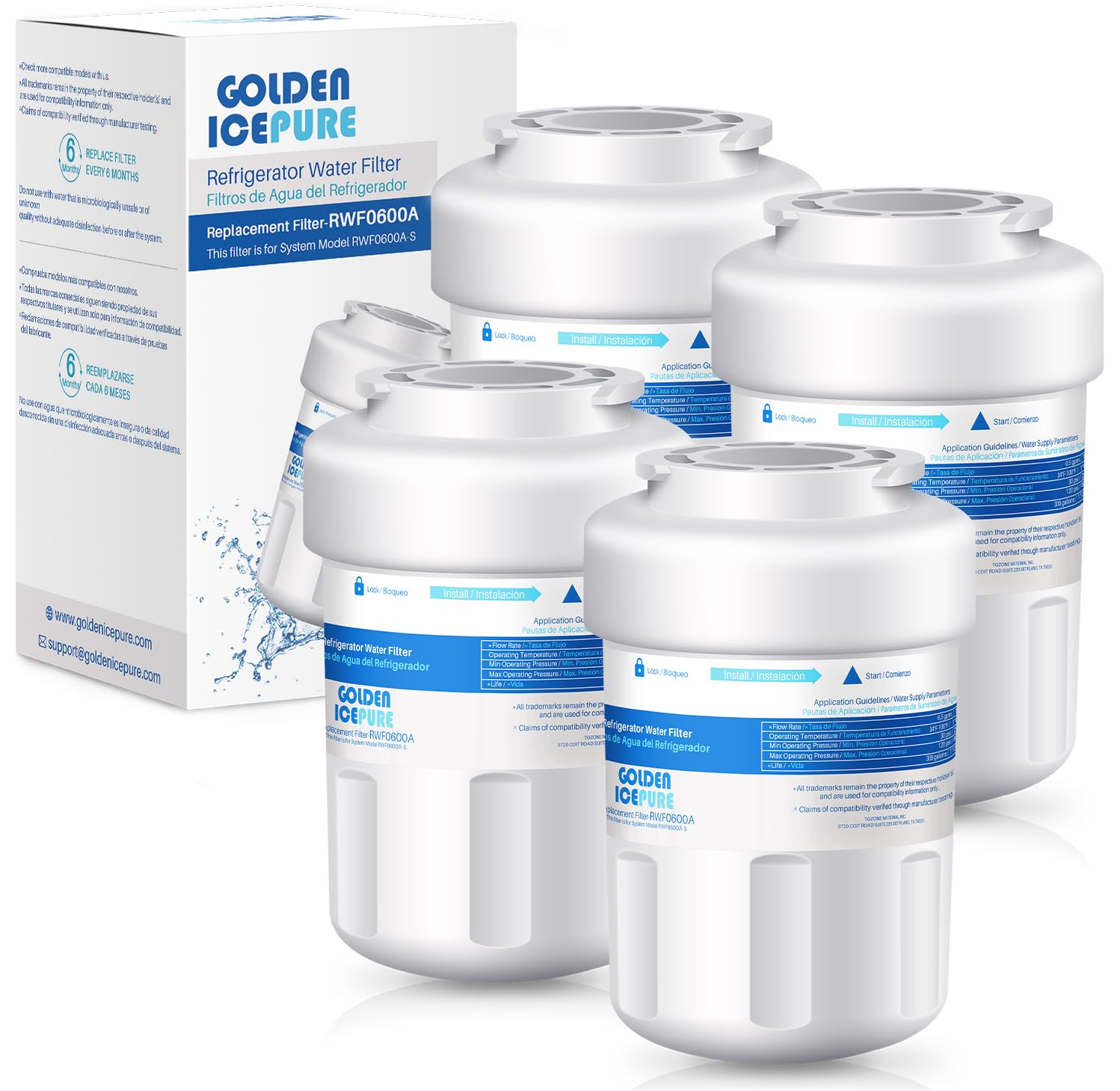 Golden Icepure RWF0600A Refrigerator Water Filter Replacement For GE Smartwater Mwfa, Gwf, Gwfa, Fmg-1, WFC1201, GSE25GSHECSS, PC75009, 197D6321P006, Kenmore 9991, PC83879, 4PACK - View 1 | Fridge.com