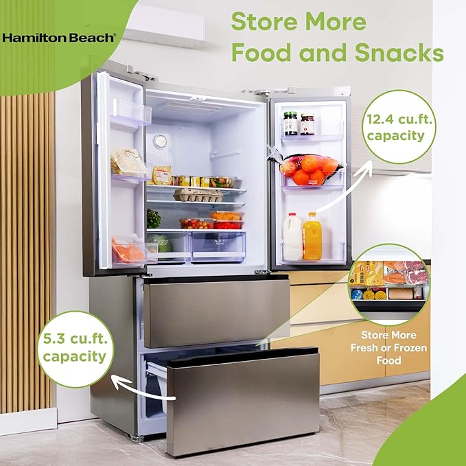 Hamilton Beach HBFR1504 Full Size Counter Depth Refrigerator With Two Freezer Drawers, 17.9 cu ft, Stainless - View 3 | Fridge.com