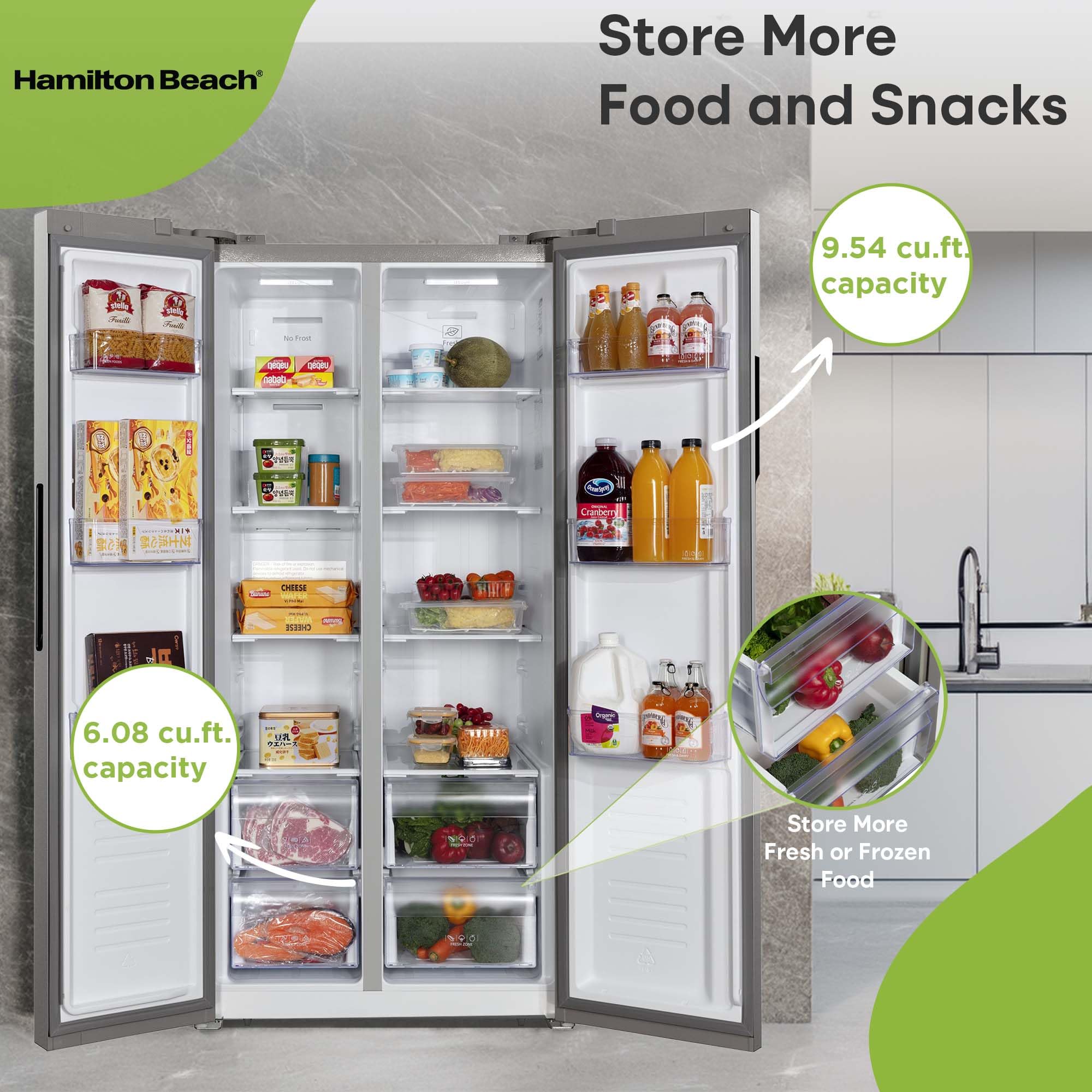 Hamilton Beach 15.6 Cu. Ft. Side-by-Side Refrigerator with Digital Display, Platinum | Fridge.com