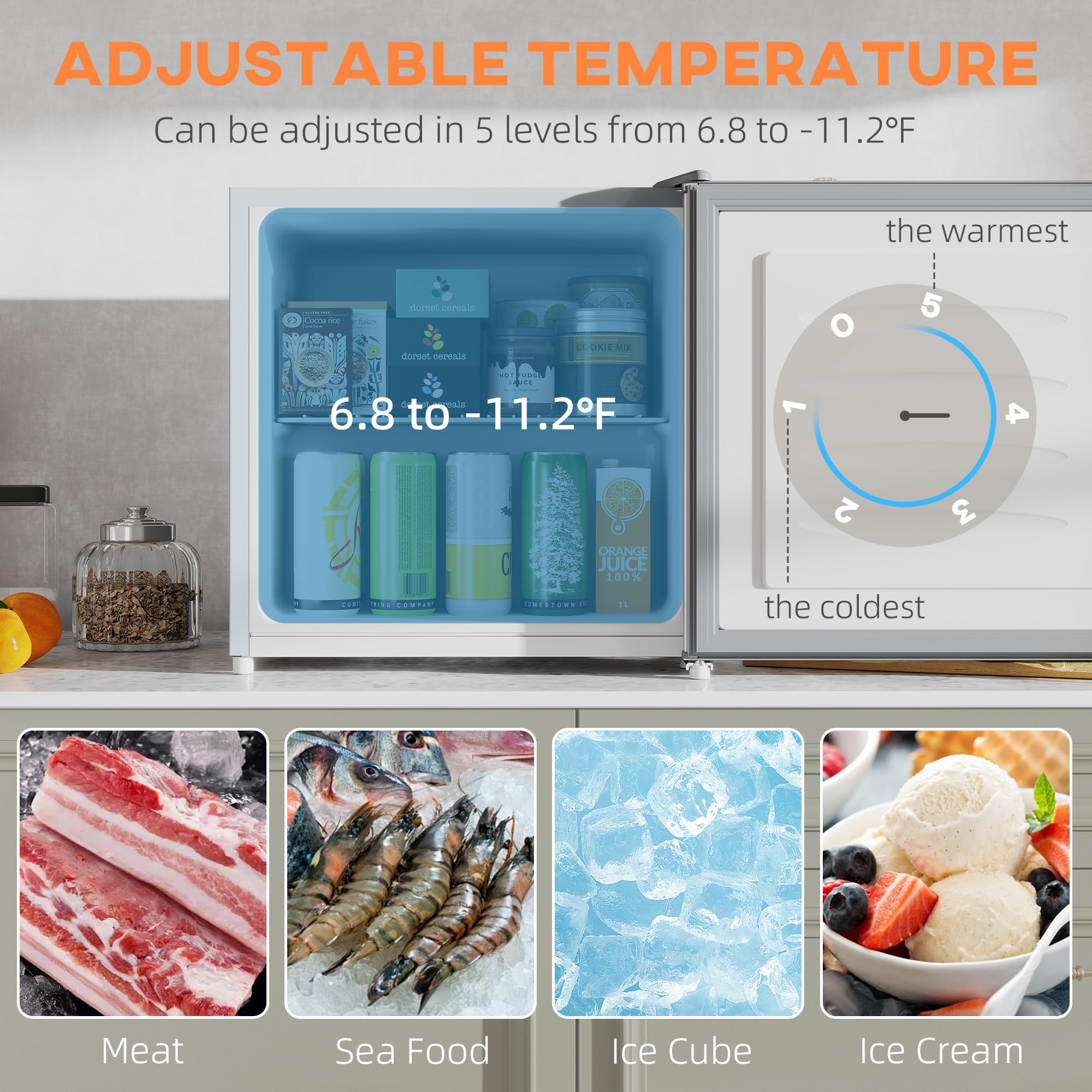 HOMCOM Mini Freezer Countertop, 1.1 cu.ft Compact Upright Freezer With Removable Shelves, Reversible Door For Home, Dorm, Apartment And Office, Gray - View 3 | Fridge.com