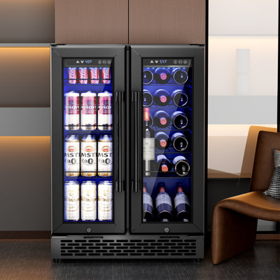 24" W Dual Zone 18-Wine Bottles and 88-Cans Built-In /Freestanding Wine and Beverage Cooler in Black Stainless Steel | Fridge.com