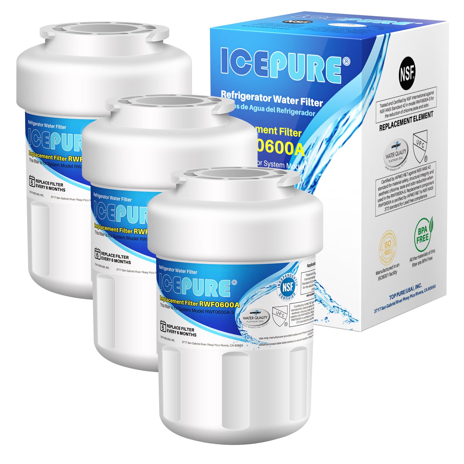 ICEPURE RWF0600A Refrigerator Water Filter Compatible for GE MWF, MWFINT, MWFA, HDX FMG-1, GSE25GSHECSS, 46-9991, GSH25JSDDSS, GSHS6LGBBHSS, PC75009, RWF1060,GSHS6HGDBCSS, 197D6321P006 3PACK | Fridge.com