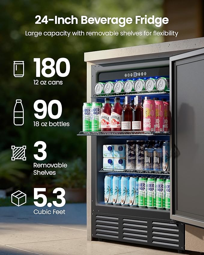 24 Inch Beverage Refrigerator, 180 Can Under Counter Fridge, Stainless Steel Beer Fridge for Built-in & Freestanding, Outdoor Refrigerator for Soda, Beer, Wine (Black) | Fridge.com
