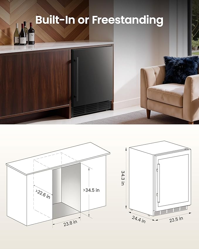 24 Inch Beverage Refrigerator, 180 Can Under Counter Fridge, Stainless Steel Beer Fridge For Built-In & Freestanding, Outdoor Refrigerator For Soda, Beer, Wine (Black) - View 5 | Fridge.com