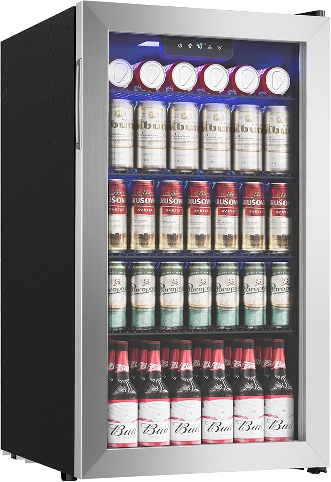 Icyglee Beverage Refrigerator Cooler - 126 Can Mini Fridge with Glass Door for Soda Beer or Wine, Beverage Cooler for Home, Office, Bar with Adjustable Removable Shelves, Silver | Fridge.com