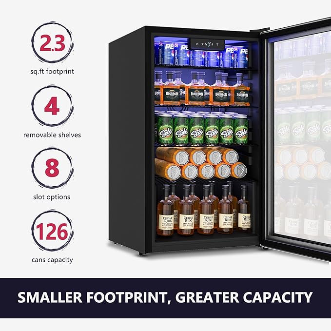 Icyglee Beverage Refrigerator Cooler - 126 Can Mini Fridge with Glass Door for Soda Beer or Wine, Beverage Cooler for Home, Office, Bar with Adjustable Removable Shelves, Silver | Fridge.com