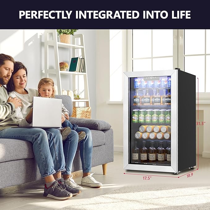 Icyglee Beverage Refrigerator Cooler - 126 Can Mini Fridge With Glass Door For Soda Beer Or Wine, Beverage Cooler For Home, Office, Bar With Adjustable Removable Shelves, Silver - View 6 | Fridge.com