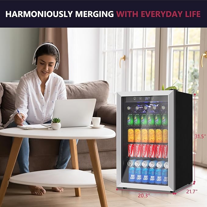 Icyglee 4.5 cu.ft Beverage Refrigerator Cooler, 145 Can Mini Fridge With Digital Temperature Display For Soda Beer Wine, Freestanding Beverage Fridge With Adjustable Shelving For Home Office Bar - View 6 | Fridge.com