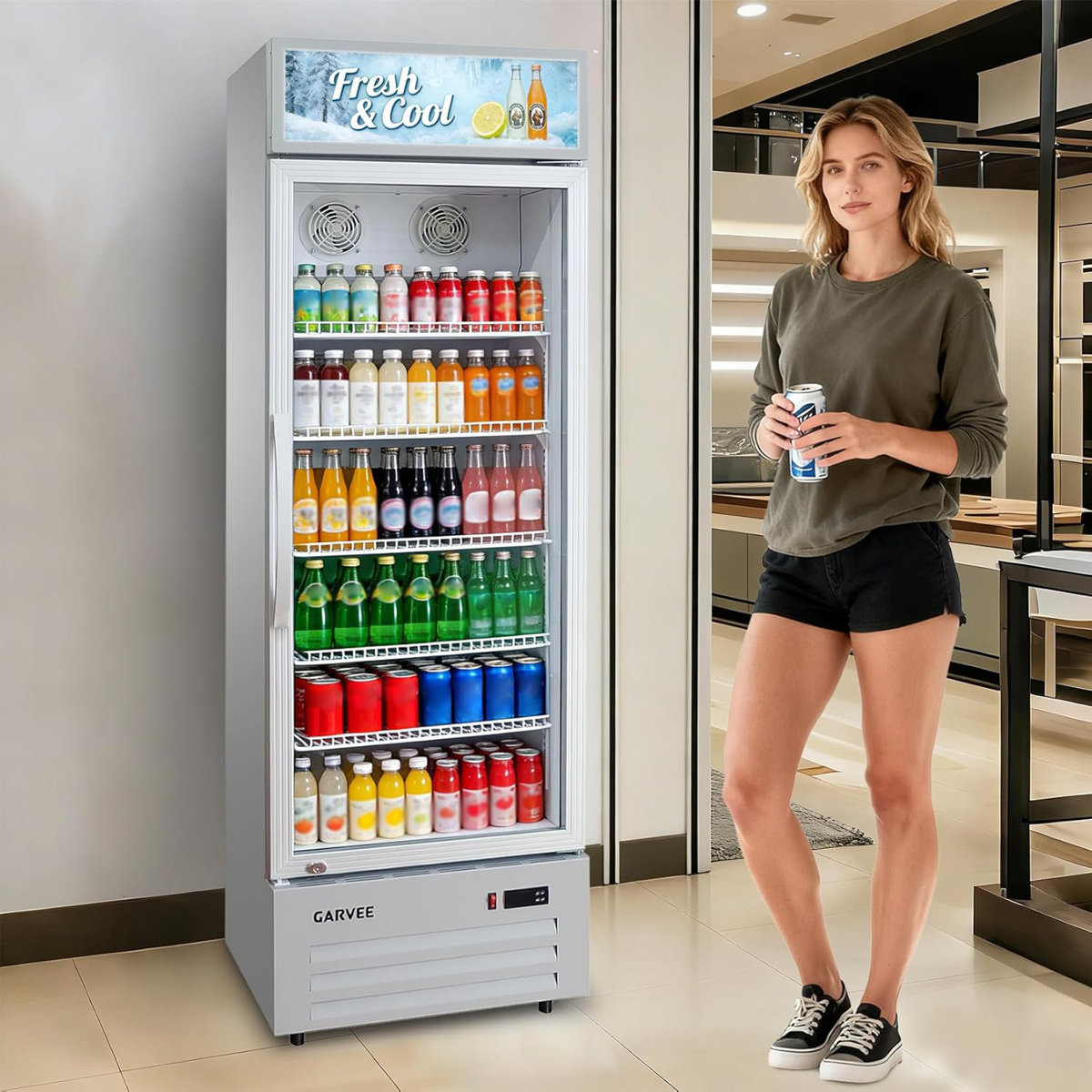 9.1 Cu.ft Commercial Beverage Cooler with RGB LED Lights & Remote - 280 Can Glass Door Display Fridge, Frost-Free Air-Cooled Refrigerator with Top Lig | Fridge.com