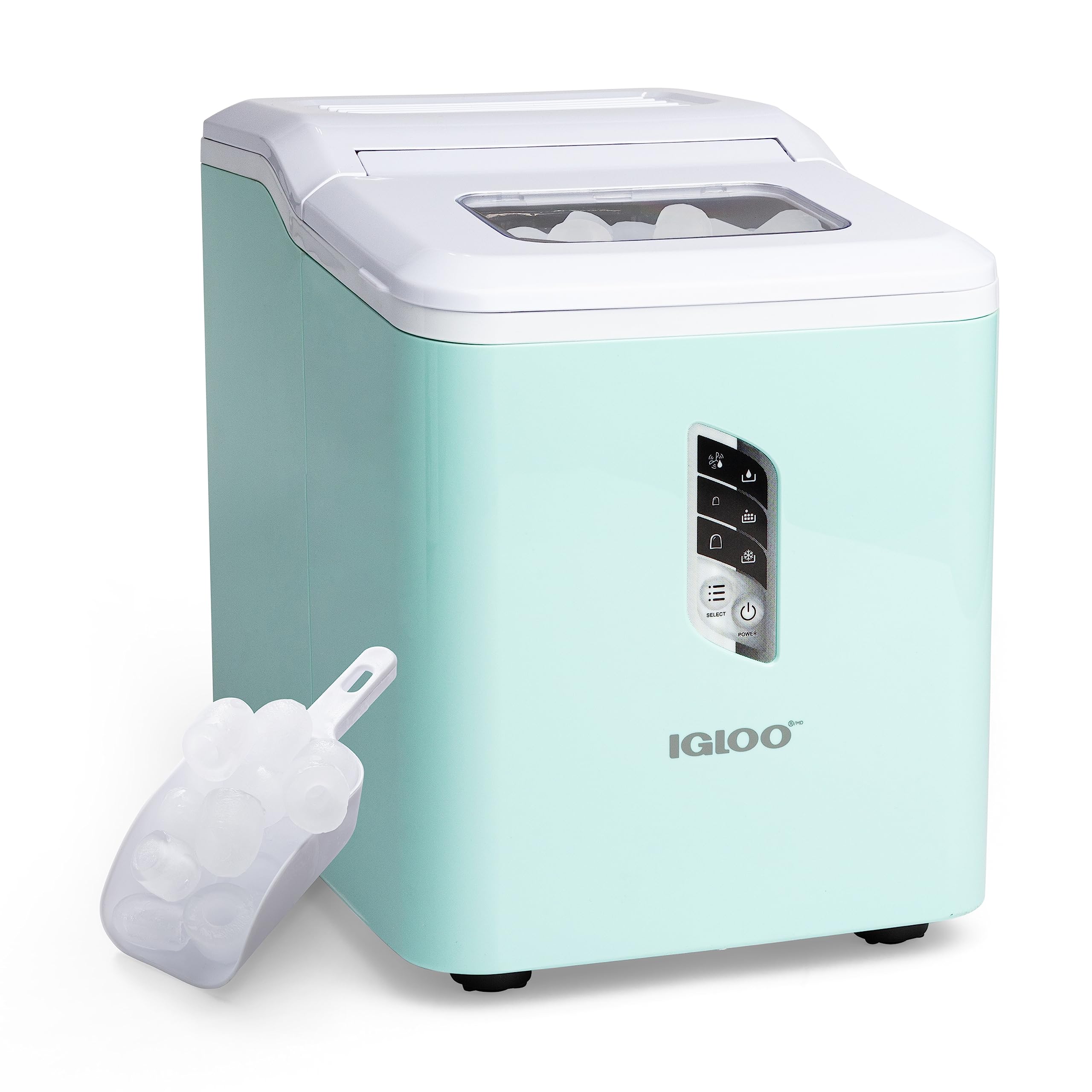 Igloo Automatic Ice Maker, Self-Cleaning, Countertop Size, 26 lbs in 24 Hours, 9 Large or Small Ice Cubes in 7 Minutes, LED Control Panel, Scoop Included, Great for Water Bottles, Mixed Drinks, Aqua | Fridge.com