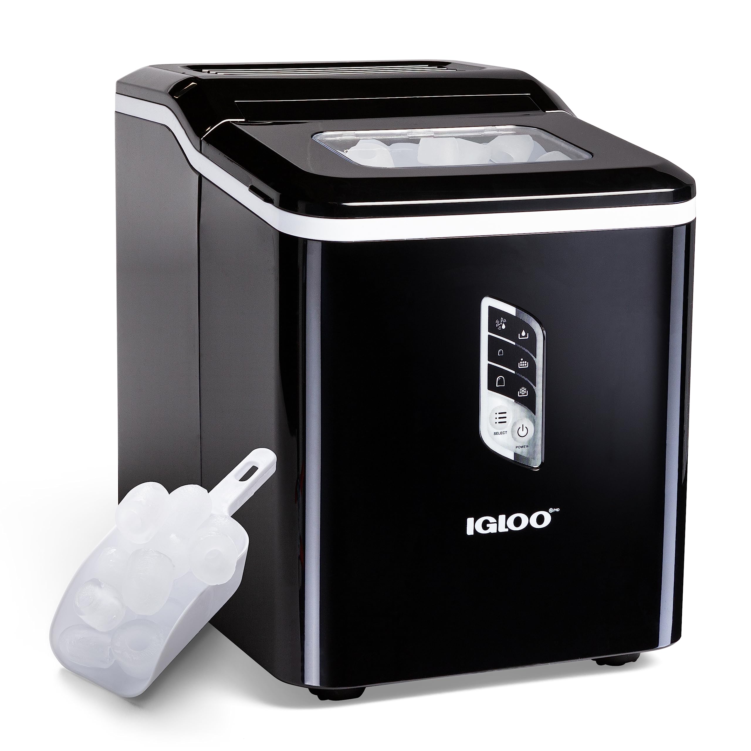 Igloo Handled Portable Ice Maker with Scoop - Ice Maker with LED Control Panel & 1 Quart Water Tank - Ice Cube Maker Produces 26 Lbs. of Ice in 24 Hours with 9 Large or Small Cubes In 7 Minutes- Black | Fridge.com