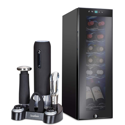 Ivation 9.9'' 12 Bottle Single Zone Freestanding Wine Refrigerator with 5-piece wine gift set — FIN-0018789 | Fridge.com