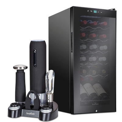 Ivation 13.6'' 18 Bottle Single Zone Freestanding Wine Refrigerator with 5-piece wine gift set | Fridge.com