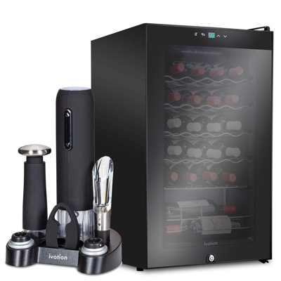 Ivation 17.7'' 24 Bottle Single Zone Freestanding Wine Refrigerator with 5-piece wine gift set | Fridge.com