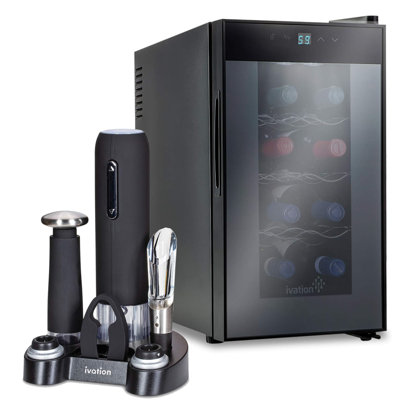 Ivation 9.9" Bottle Single Zone Freestanding Wine Refrigerator with 5-piece wine gift set | Fridge.com