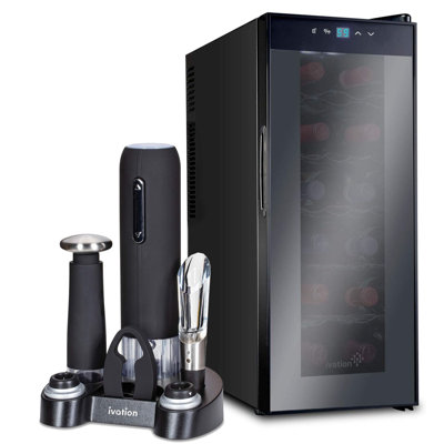 Ivation 10'' 12 Bottle Single Zone Freestanding Wine Refrigerator with 5-piece wine gift set | Fridge.com