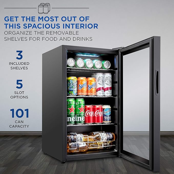 Ivation IVABC1010B 101 Can Beverage Refrigerator Freestanding Ultra Cool Mini Drink Fridge, Black - View 3 | Fridge.com