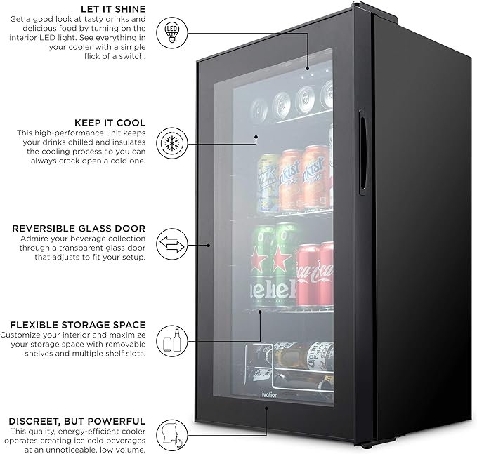 Ivation IVABC1010B 101 Can Beverage Refrigerator Freestanding Ultra Cool Mini Drink Fridge, Black - View 5 | Fridge.com