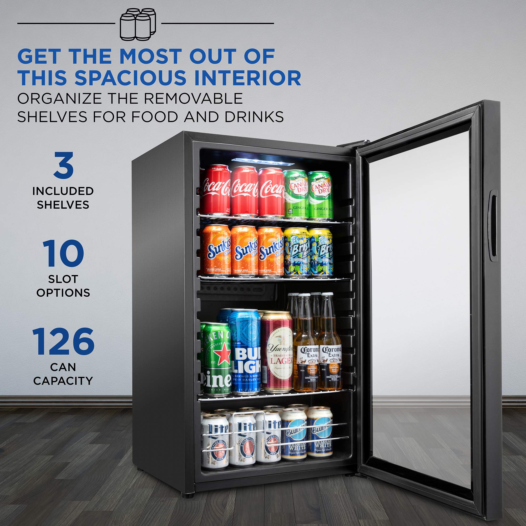 Ivation 126 Can Beverage Refrigerator, Freestanding Mini Fridge With Glass Door - Black - View 3 | Fridge.com