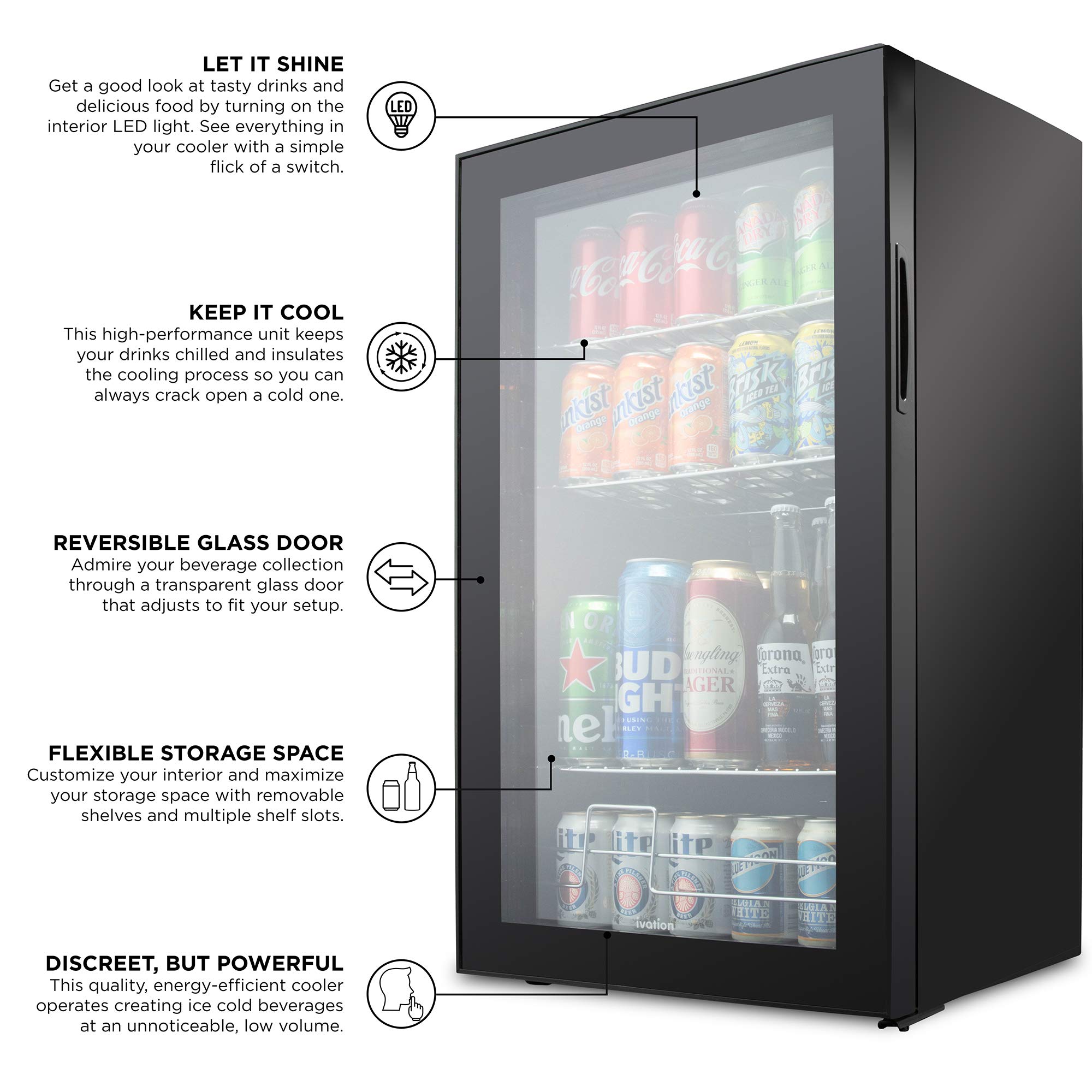 Ivation 126 Can Beverage Refrigerator, Freestanding Mini Fridge With Glass Door - Black - View 5 | Fridge.com