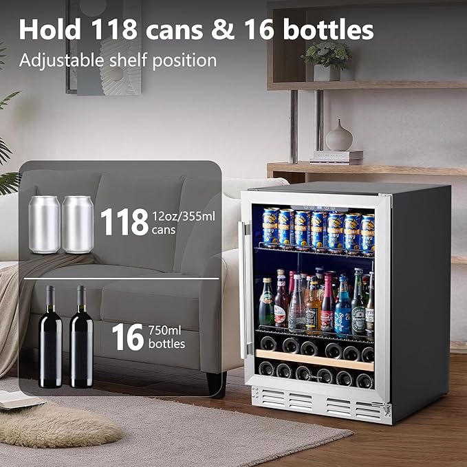 Beverage Fridge 24 Inch Beverage And Wine Cooler Built-In Or Freestanding - 120 Cans & 16 Bottles Capacity Wine Refrigerator Cooler - View 2 | Fridge.com
