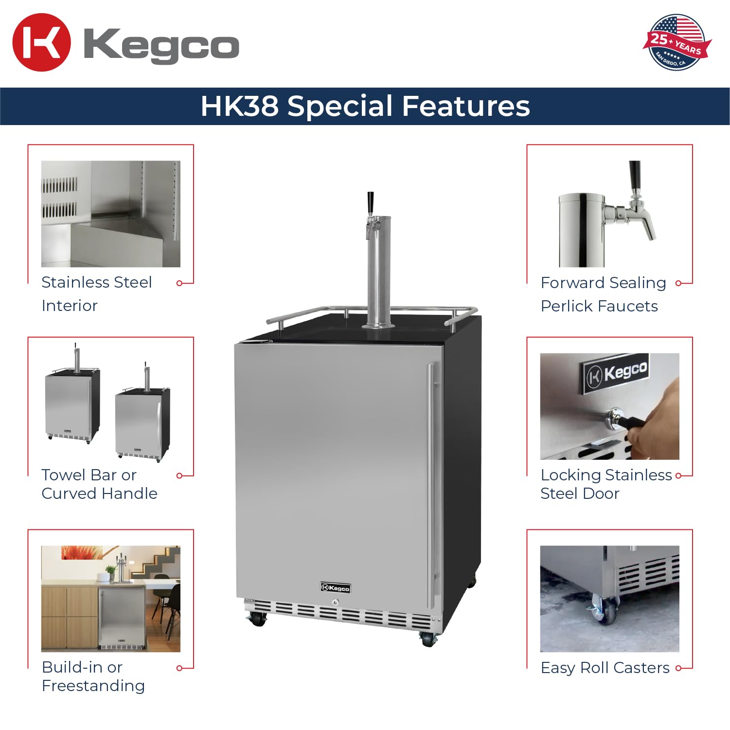 Kegco 24" Wide Single Tap Stainless Steel Commercial Built-In Kegerator With Kit - View 2 | Fridge.com