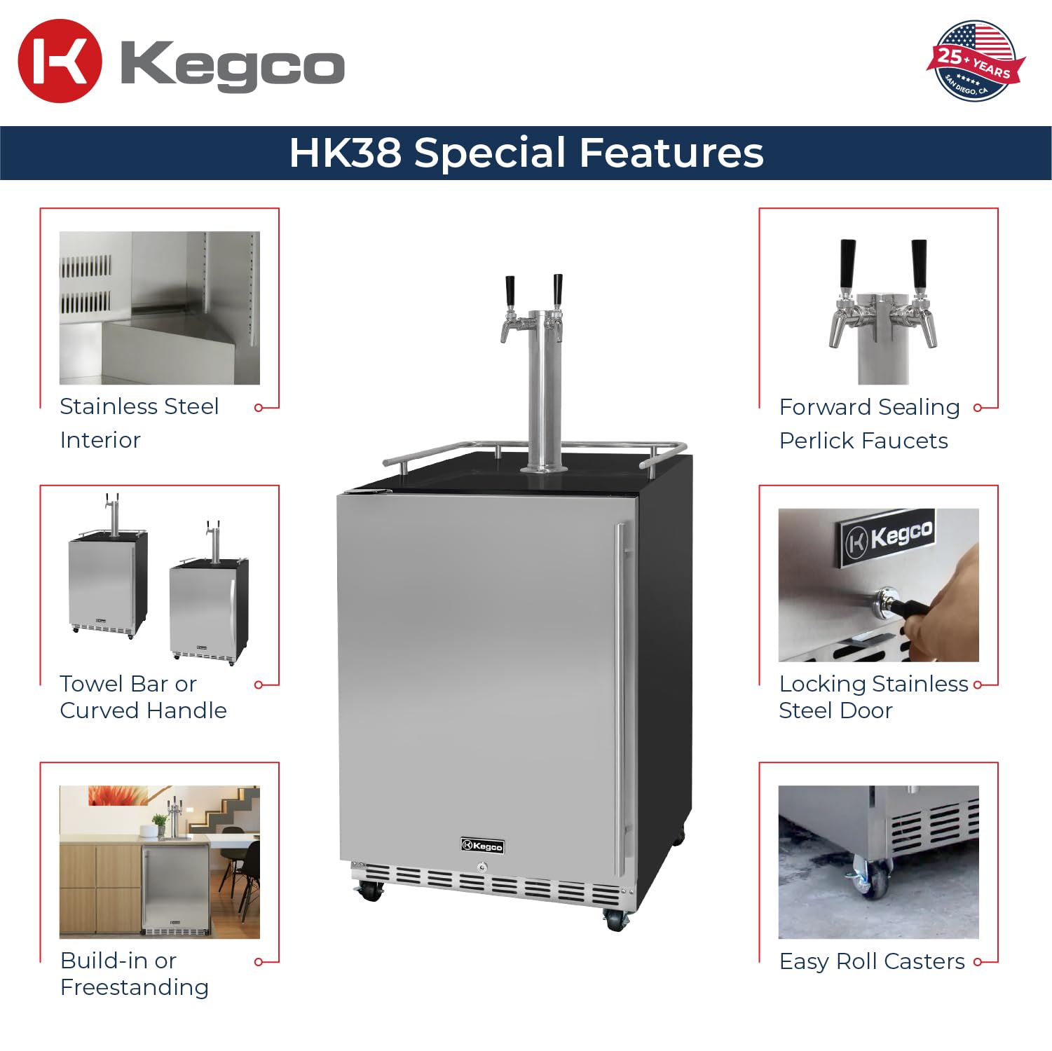 Kegco 24" Wide Dual Tap Stainless Steel Commercial Built-In Left Hinge Kegerator With Kit - View 2 | Fridge.com