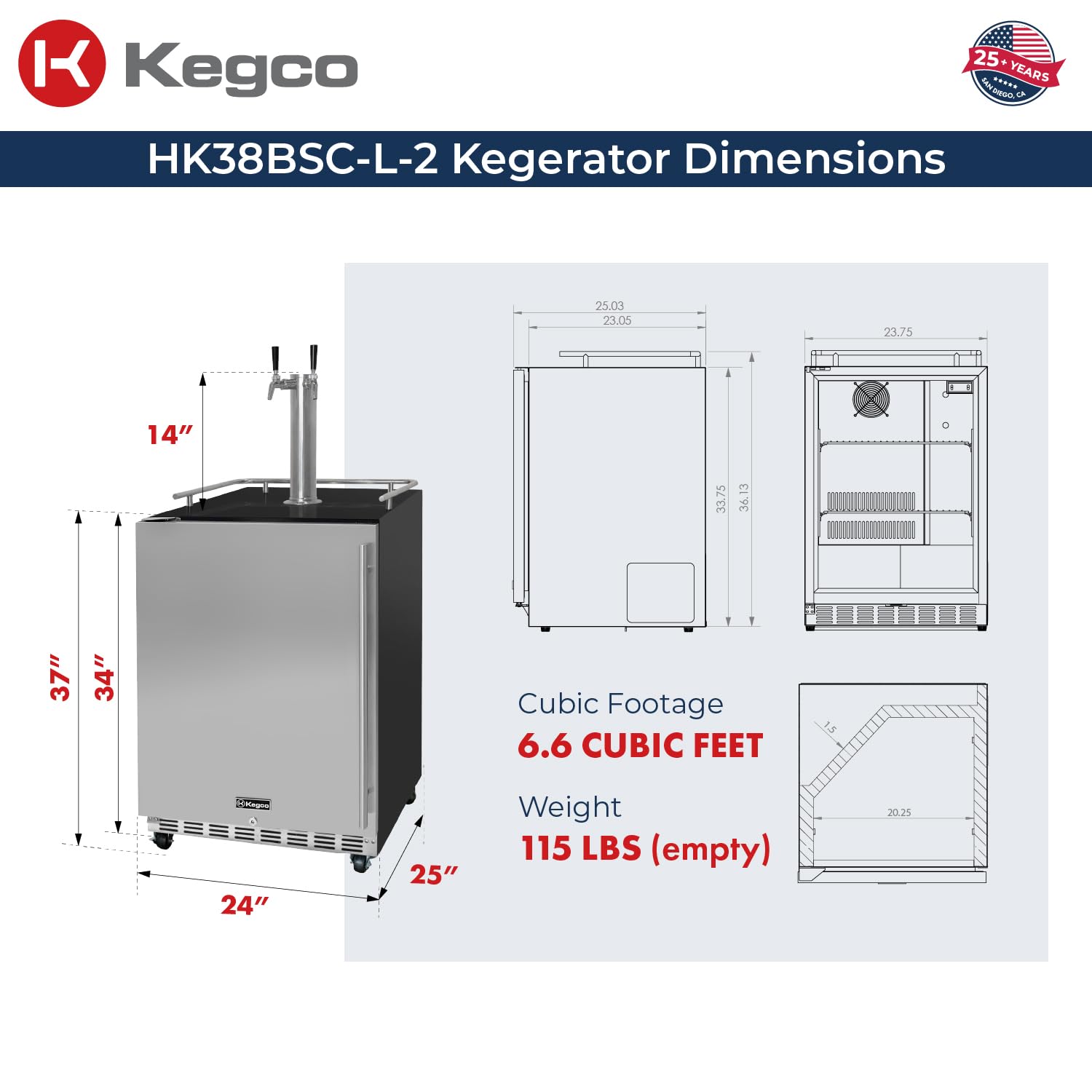 Kegco 24" Wide Dual Tap Stainless Steel Commercial Built-In Left Hinge Kegerator With Kit - View 3 | Fridge.com