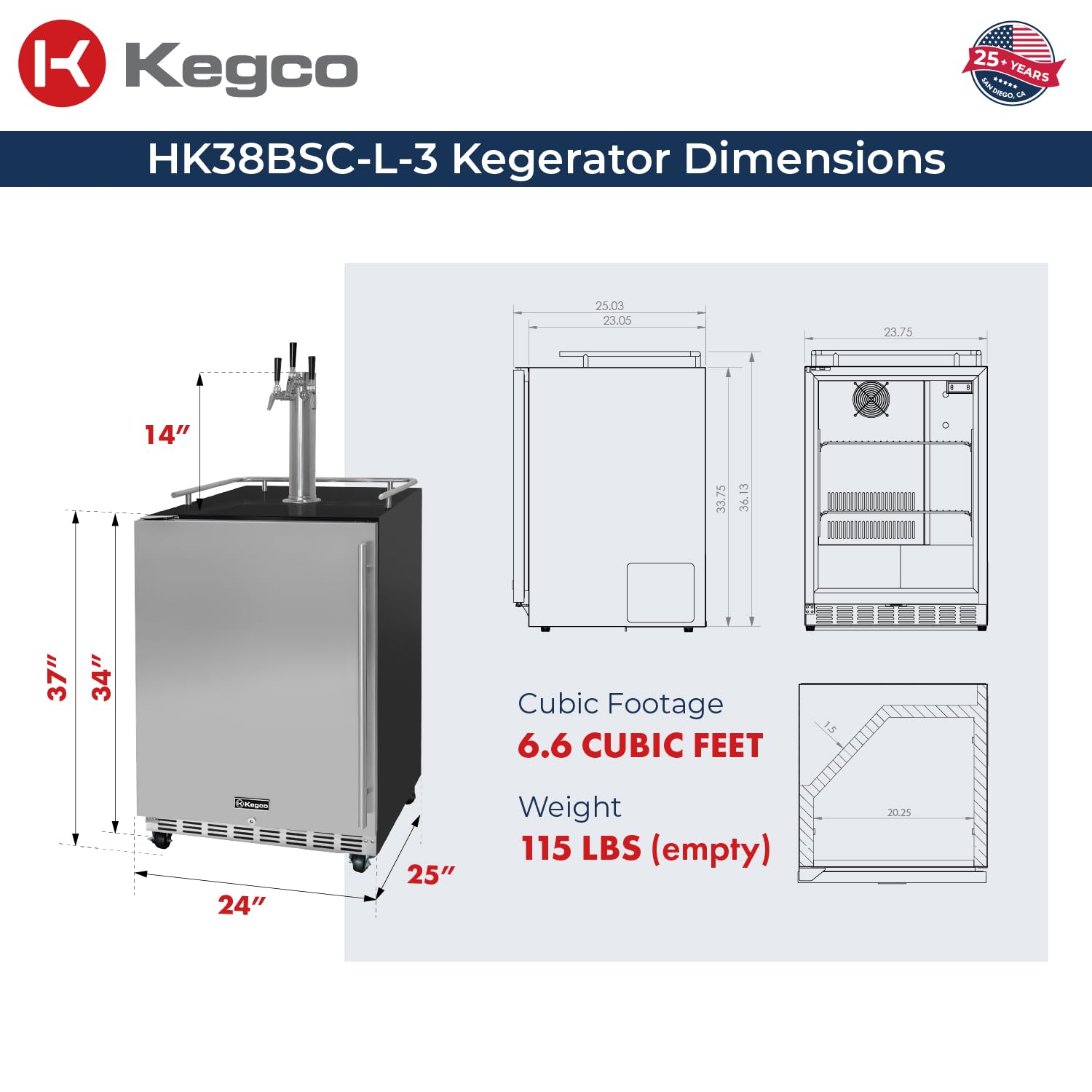 Kegco 24" Wide Triple Tap Stainless Steel Commercial Built-In Kegerator With Kit - View 3 | Fridge.com