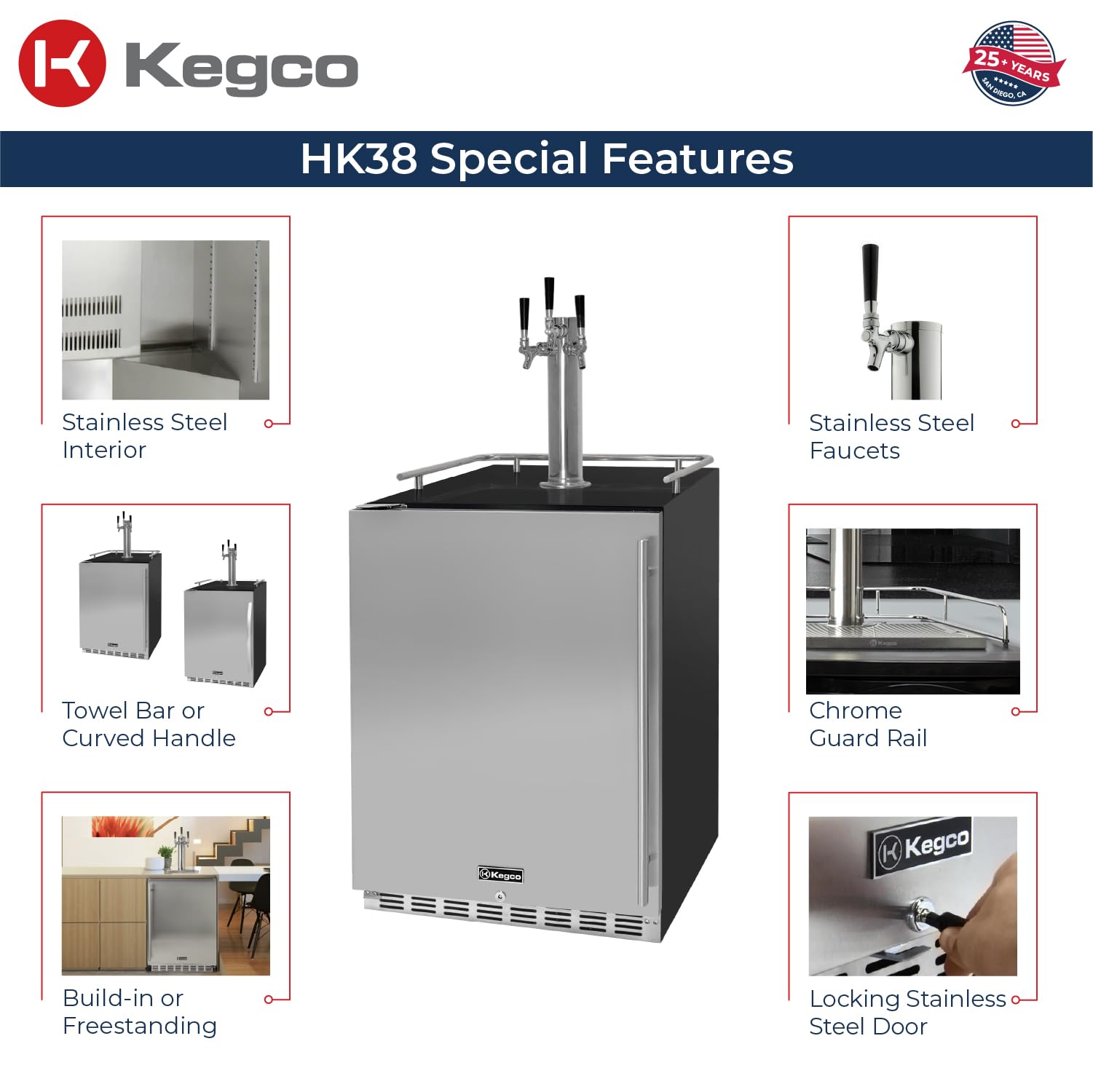 Kegco 24" Wide Triple Tap Stainless Steel Built-In Left Hinge Digital Kegerator with Kit | Fridge.com