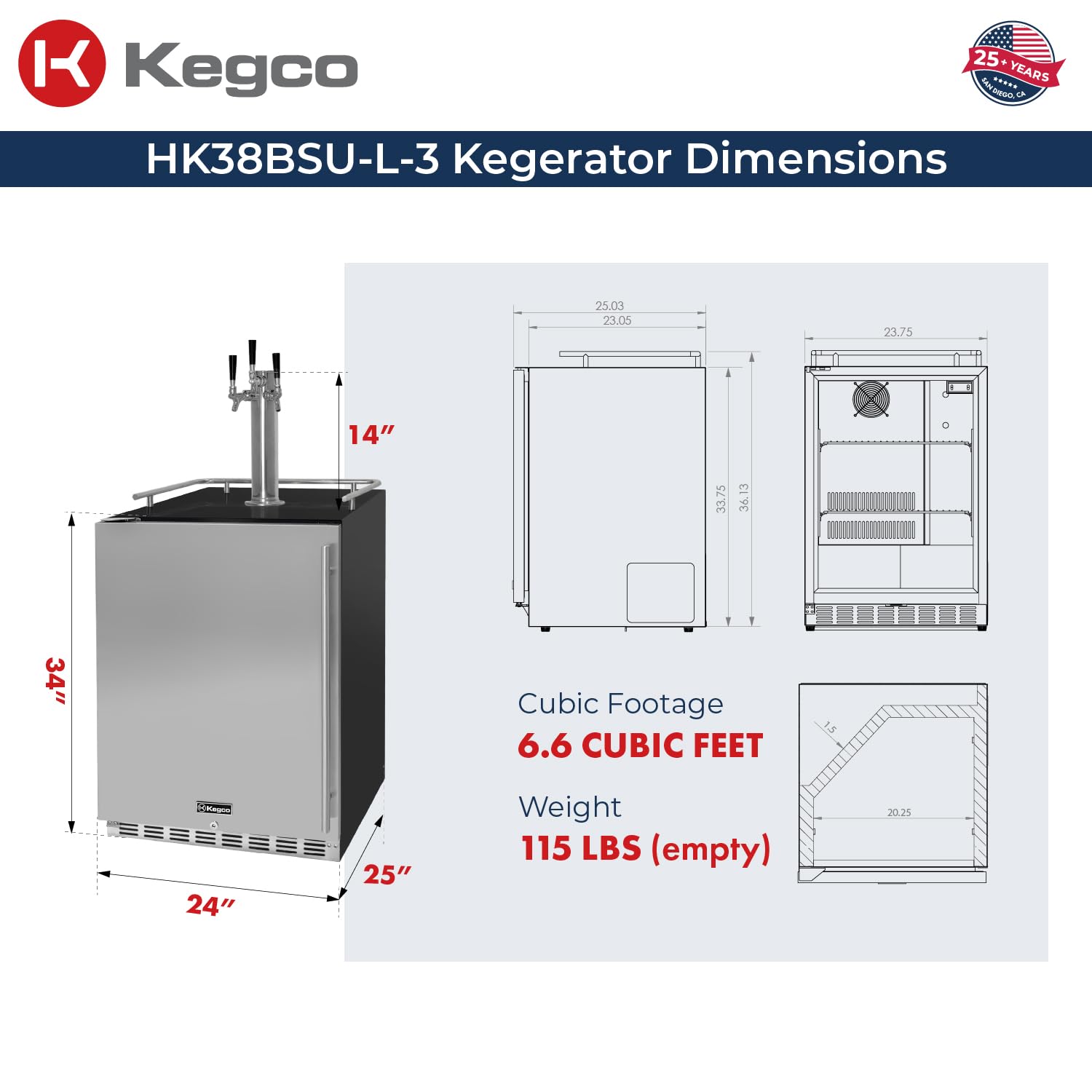 Kegco 24" Wide Triple Tap Stainless Steel Built-In Left Hinge Digital Kegerator with Kit | Fridge.com