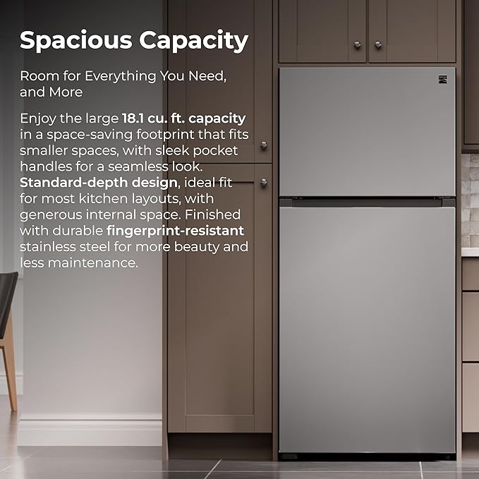 Kenmore 30 in. 18.1 cu. ft. Capacity Refrigerator/Freezer with Adjustable Glass Shelving, Humidity Control Crispers, Ice Maker, ENERGY STAR Certified, Fingerprint Resistant Stainless Steel | Fridge.com