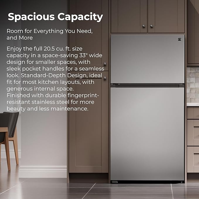 Kenmore 33 in. 20.5 cu. ft. Capacity Refrigerator/Freezer With Full-Width Adjustable Glass Shelving, Humidity Control Crispers, Energy Star Certified, Fingerprint Resistant Stainless Steel - View 3 | Fridge.com