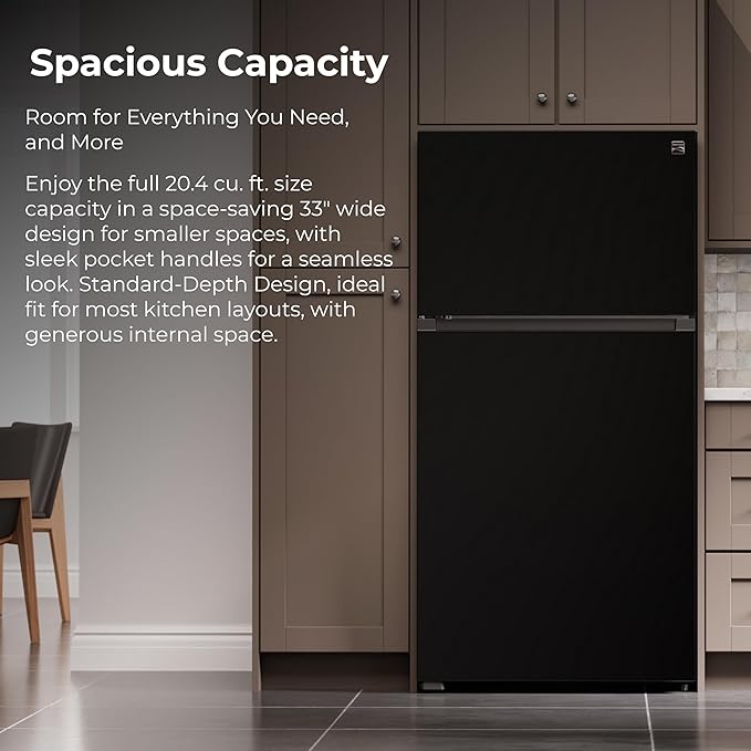 Kenmore 33 in. 20.4 cu. ft Capacity Refrigerator/Freezer with Full-Width Adjustable Glass Shelving, Humidity Control Crispers, Ice Maker, ENERGY STAR Certified, Black | Fridge.com