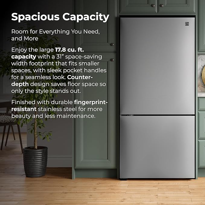 Kenmore 31" Bottom Freezer Refrigerator, Counter Depth - Ice Maker, Adjustable Shelving, Crisper Drawers, Energy Star Certified, 17.8 cu. ft. Capacity, Fingerprint Resistant Stainless Steel - View 3 | Fridge.com