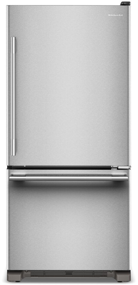 KitchenAid 19 Cu. Ft. 30 in. Standard-Depth Bottom Mount Refrigerator w/ Right Door Swing in Steel KRBR130SPS | Fridge.com