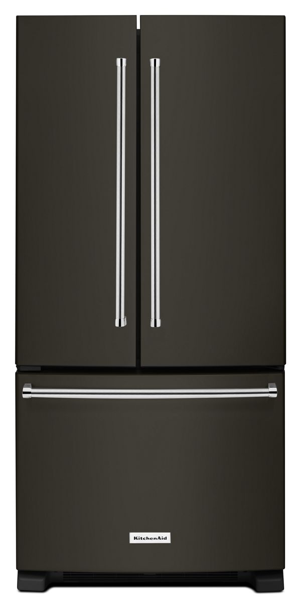 KitchenAid 22 Cu. Ft. 33 in. Width Standard Depth French Door Refrigerator w/ Interior Dispense & Printshield Finish in Black Stainless Steel KRFF302EBS | Fridge.com