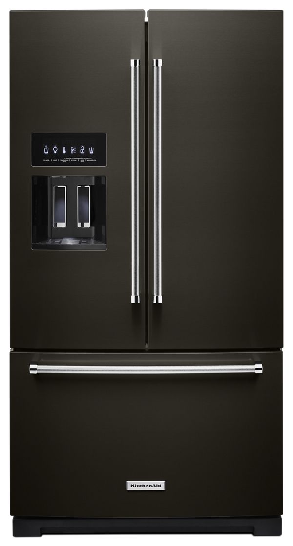KitchenAid 26.8 Cu. Ft. Standard-Depth French Door Refrigerator w/ Exterior Ice & Water Dispenser in Black KRFF577KBS | Fridge.com