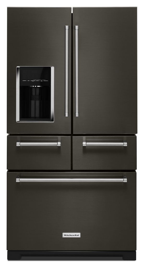 KitchenAid 25.8 Cu. Ft. 36" Multi-Door Freestanding Refrigerator w/ Platinum Interior Design & Printshield Finish in Black Stainless Steel KRMF706EBS | Fridge.com