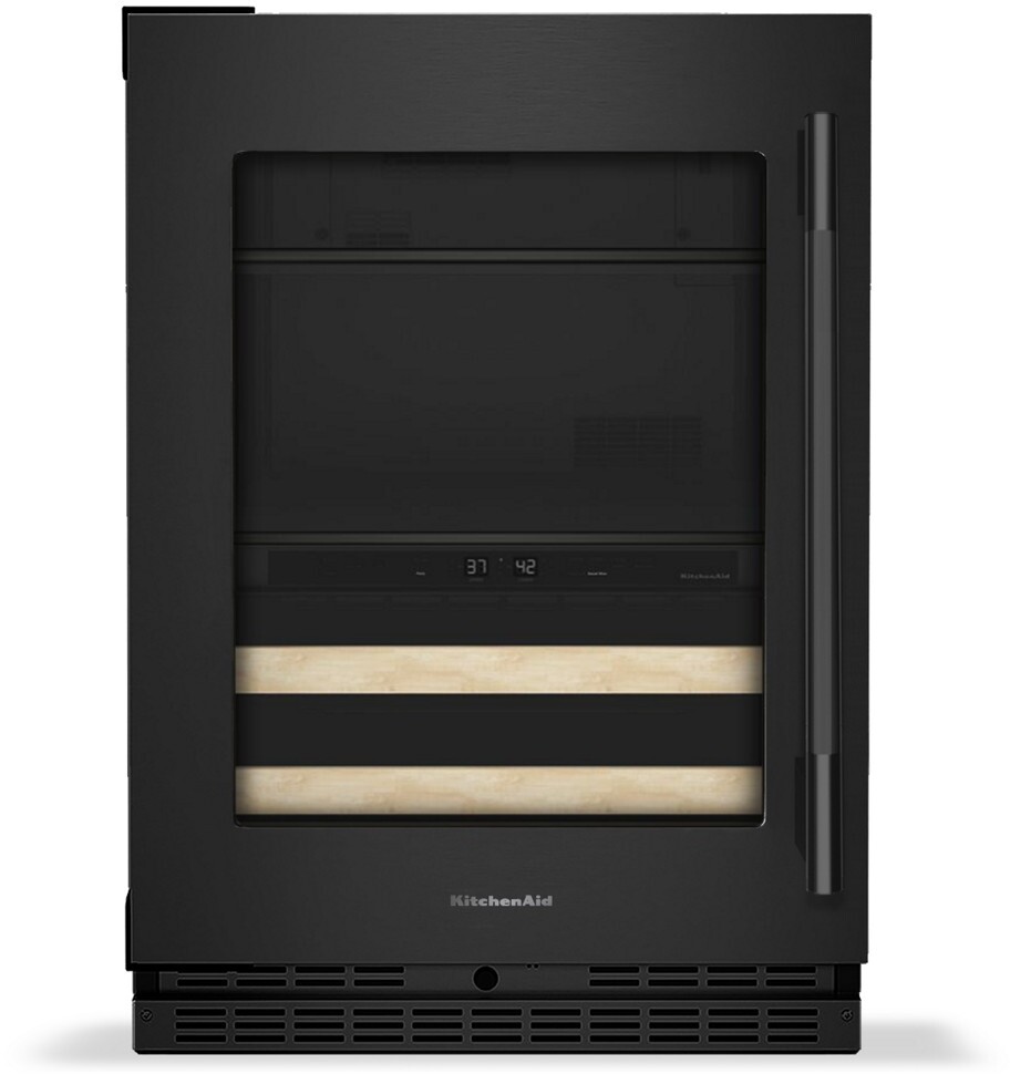 KitchenAid - 24 inch Beverage Center with Glass Door and Wood-Front Racks - Black Ore — FIN-0000158 | Fridge.com