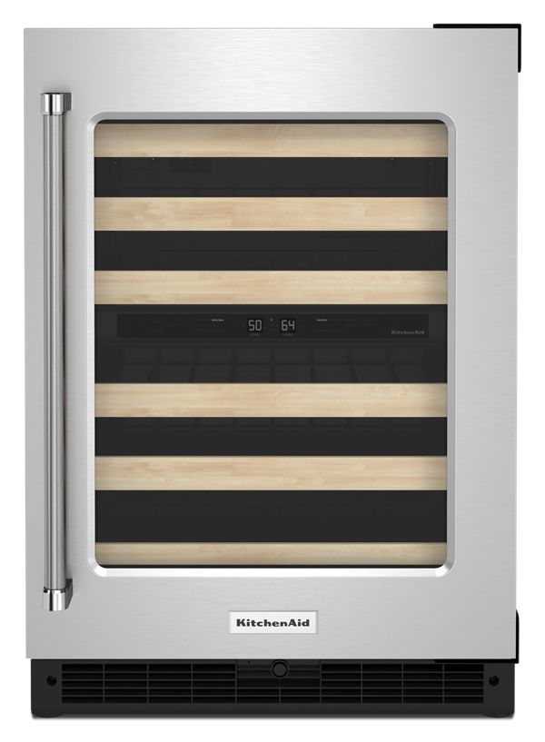 KitchenAid 24" Undercounter Wine Cellar w/ Glass Door & Wood-Front Racks in Steel KUWR214KSB | Fridge.com