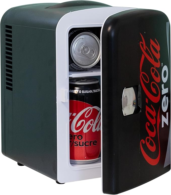 Coke Zero Mini Fridge - 6 Can Refrigerator for Bedroom Office, Portable Table Top Beverage Cooler, 12V 110V Refrigerador For Drinks, Soda, Wine Use In Car, Dorm, Outdoor, Patio | Fridge.com